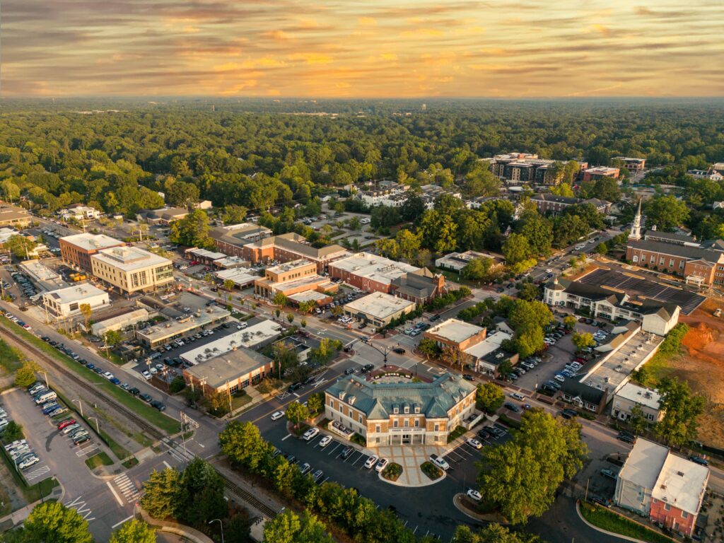 Aerial view of Cary, NC at sunrise