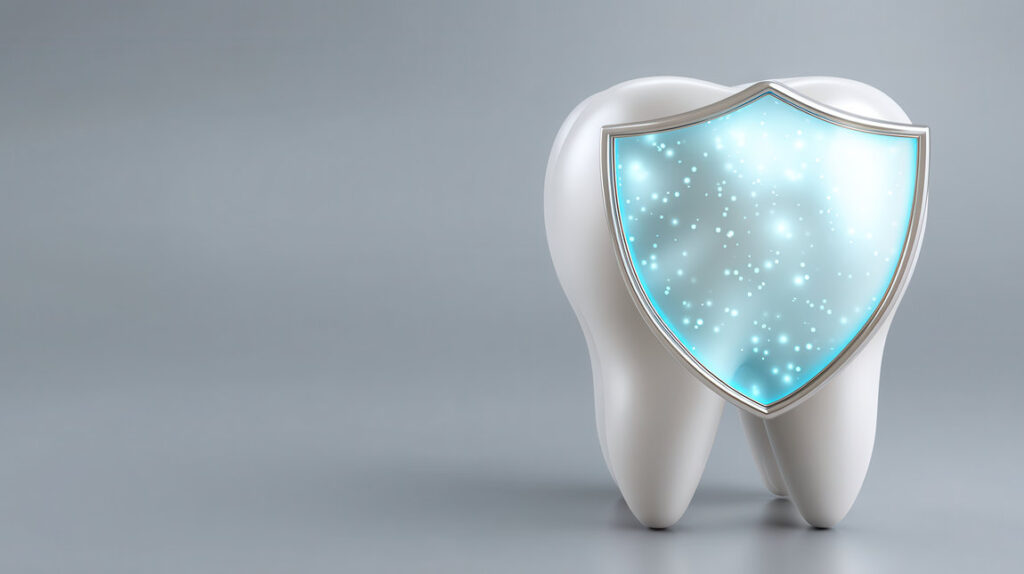 A tooth fluoride treatment protects enamel with shield symbolizing dental care and healthy teeth in clean background